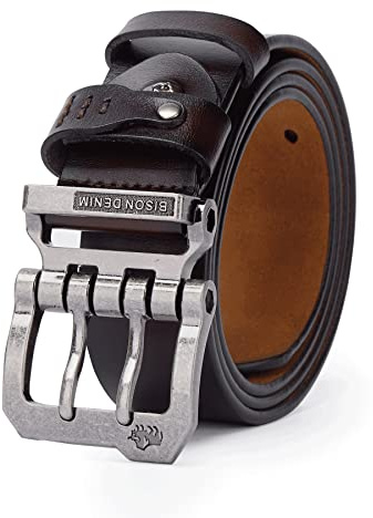 BISON SPIRIT Mens Belt Leather Belts for Men Double Prong Belt for Jeans Waistband Casual Alloy Buckle(coffee/115)
