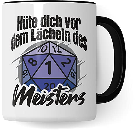 DnD Roleplay Tasse, Hüte dich vor dem Lächeln des Meisters Spruch, Rollenspiel Spruch D20 Dice Geschenk, Pen & Paper Tabletop D20 Motiv - RPG Dungeon Kaffee-Becher Geschenkidee