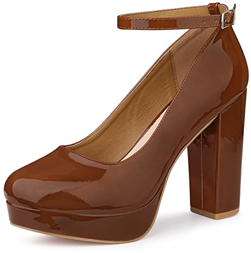 Allegra K Women's Platform Pumps Ankle Strap Chunky High Heels Pumps Brown 6 UK/Label Size 8 US