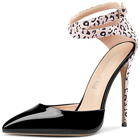 NobleOnly Femmes Aiguille Haut High Talon Heel Pointu Bout Escarpins Lanières Cheville Two-Piece Boucle Mariage Sexy Dress Chaussures Noir 41 EU