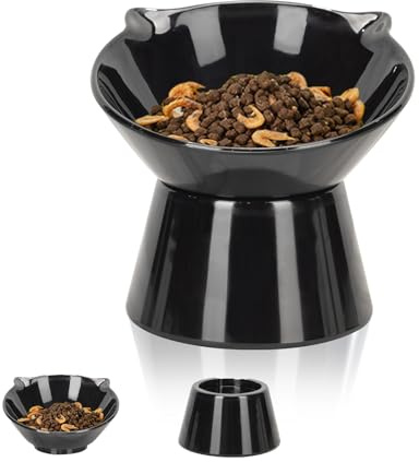 Gamelle pour Chat Surélevée Inclinable à 15° avec Support - Bol pour Nourriture & Eau, Anti-vomissement et Facile à Nettoyer, Noir