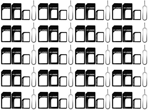 Paquete de 20 adaptadores de tarjeta SIM, 4 en 1, kit de convertidor nano micro estándar con pin de expulsión de bandeja SIM de acero, color negro