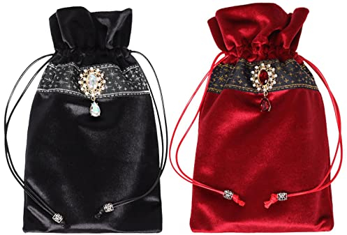 XWXLDD 2 Stück große Tarotkarten Velure Tasche Dungeons and Dragons Geschenke Blau Wahrsagerei Tasche Tarot Ceck Würfelbeutel (schwarz + rot (Silber + Gold Spitze))