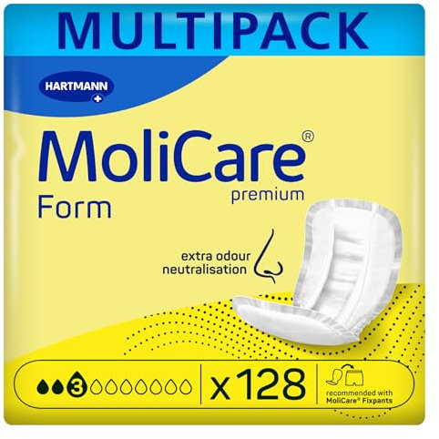Molicare Forma premium 3 gocce, per incontinenza leggera: massima sicurezza, protezione extra contro le perdite e discrezione per donne e uomini, 4 x 32 pezzi
