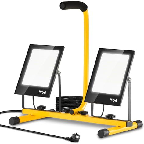 papasbox 100W LED Baustrahler mit Stecker Schalter | Baustellenlampe LED Scheinwerfer 6500K Kaltweiß 10000LM Baustellenstrahler | IP66 Wasserdicht Arbeitsleuchte Baulampe für Werkstatt Baustelle