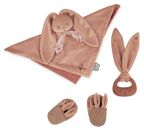 Kaloo - Lapinoo - Coffret de Naissance - Couleur Terracotta - 3 Accessoires Bébé - Doudou + Anneau de Dentition Bébé + Chaussons 11 cm - Dès la Naissance, K218012