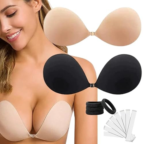 2 Pack Invisible Sticky Adhesive Bra Tape Strapless Reusable Push Up Backless Tape,Hair Bands,Chest Spherical concealments, Seamless Stick On Bra (Cup & Band, D, Black & Cream)