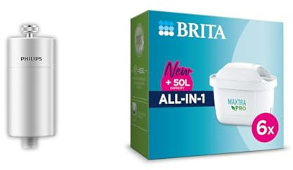 Philips Water - In-Line Shower Filter, Reduces Chlorine by up to 99%, Easy to Instal & BRITA MAXTRA PRO All-in-1 Water Filter Cartridge 6 Pack (NEW) - Original BRITA refill reducing