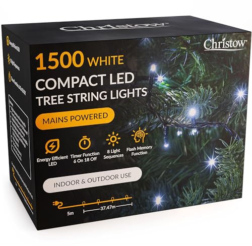 CHRISTOW 8ft Christmas Tree Lights, 1500 White LED Fairy Lights with Timer, 8 Light Modes, Energy Efficient 3mm LEDs, Indoor & Outdoor, Mains Powered, Green Cable (34.47m Lit Length)