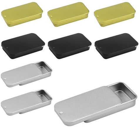 HJIAMA Scatole di Latta 9 Pezzi, Coperchio Scorrevole Scatole, Superficie Smerigliata, Scatola Piccolo Portatile, Diseño Push-Pull, Adatto per Riporre Perline, Monete, Caramelle (6×3×1,5 cm)