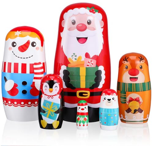DEARMAMY 6pcs Russian Nesting Dolls Wooden Handmade Matryoshka Dolls For Children Cute Cartoon Nesting Dolls For Kids Snowman Santa Claus Theme Christmas Toys