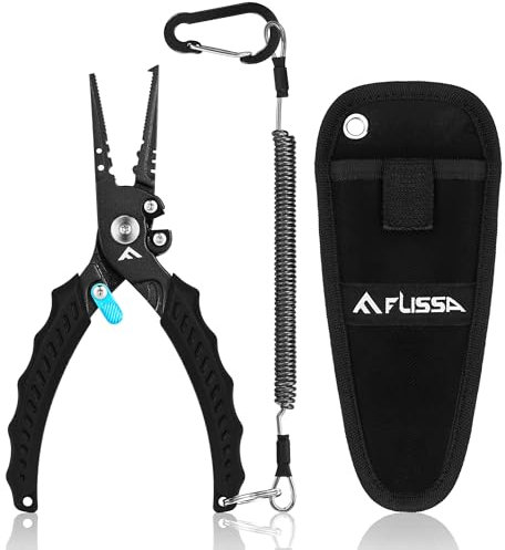 FLISSA Pince de Pêche Multifonction, Pince Pêche 19 cm en Acier Inoxydable, Poignée TPR Antidérapante, Verrou de Sécurité, Mousqueton & Étui, Idéale Pêche Mer & Eau Douce