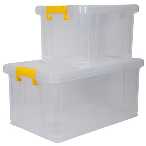 Strata Stack Master Storage Box 35L + 70L Set Durable clear Plastic Design, Stackable & Lockable Yellow Handle, Ideal for Home & Office Organization