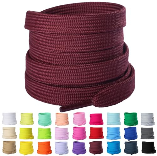 Olukssck 2 Pares Cordones de Zapatillas de Deporte, Cordones Planos de 8 mm de Ancho para Zapatillas, Cordones para Niños y Adultos, Rojo Burdeos, 140cm