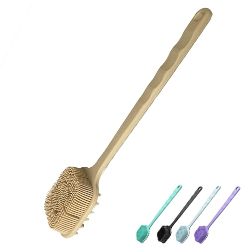 Rexzono® Double Sided Silicone Back Scrubber, Long Handle Exfoliating Body Bath Brush, Loofah for Shower, Gentle Cleansing Scrub for Women and Men, Easy to Clean and Lather (Latte)