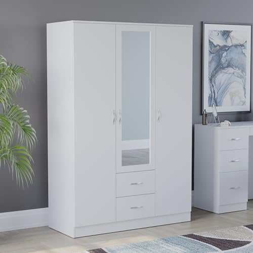 Vida Designs Riano, grande armadio a 3 ante con specchio con mensola e asta appendiabiti, spazioso organizer per camera da letto e vestiti, finitura nera (bianco)