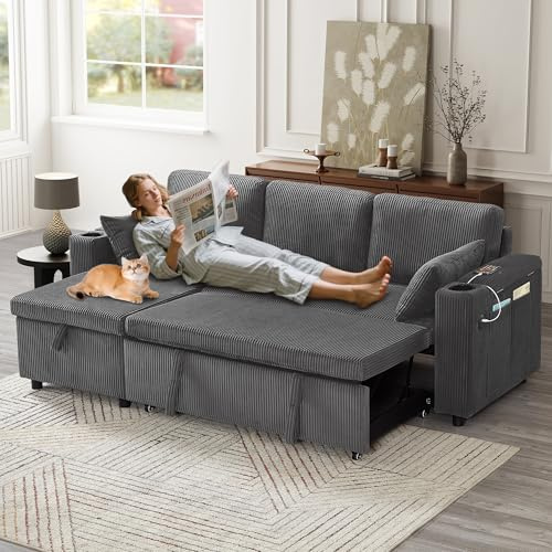 3 in 1 Convertible Corduroy Sofa with Storage Chaise, L Shaped Sleeper Couches with Charging Station, Pullout Sectional Daybed for Living Room/Bedroom/Office (Grey)