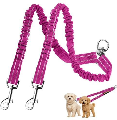 MingXpet 2 Dog Leash, Dog Leash for 2 Dogs, 360° Swivel No Tangle Double Walking Training Leashes for Small Dogs, Comfortable Shock Absorbing Reflective Bungee, Rose