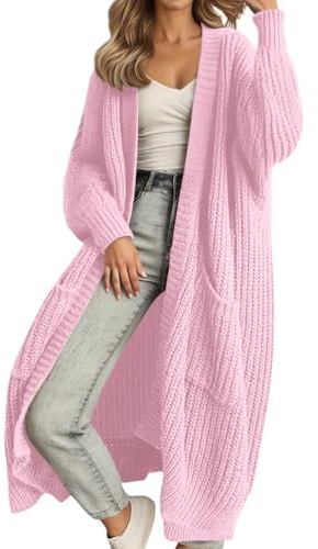Cárdigan largo de punto de gran tamaño para mujer, invierno, manga larga, chaqueta con bolsillos, rosa, M