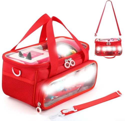 Feeshoppher Étui de transport portable pour kit de démarrage Toniebox et figurines avec bandoulière en PVC et tissu pour lecteur audio, jouets musicaux, petits accessoires soigneusement organisés