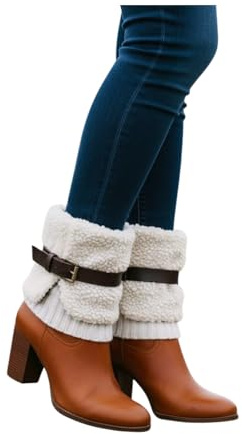 Womens Winter Boot Toppers – White Knit Boot Cuffs With Sherpa Look & Black Belt Strap – Slip On Boot Covers For Ankle Booties & Heels – 1 Pair, 6 In
