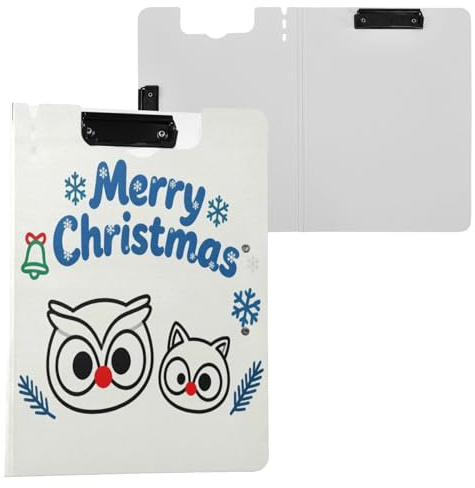 Cartella Appunti con Conservazione Merry Christmas Gufo Testa A4 Appunti Raccoglitore Orizzontale e Verticale Doppia Clip Scuola Clip Board con Coperchio