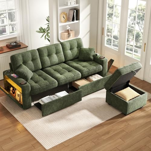 KOMHTOM Canapé d'angle en Chenille, Canapé en L 3 Places avec Port USB-C et 2 Tiroirs de Rangement, Tabouret Inclus, Accoudoirs LED, Coussins, pour Salon (Vert, C)