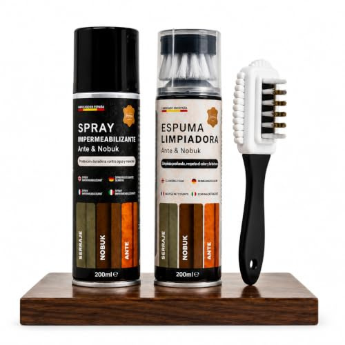 MG ARTESANOS | Kit Limpiador + Impermeabilizante + Cepillo – Espuma Limpiadora de calzado + Spray protector + Cepillo para ante, Especial para Ante, Nobuk, Zapatillas y Botas. Fabricado en España