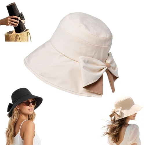 Nexalithix Women's Bowknot Wide Brim Sun Hat, Foldable, 360° Protection, Womens Hats Summer, UPF50+ UV Packable Beach Hat, Summer Bow Decoration Bucket Cap for Outdoor Hiking (Beige)
