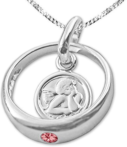 CLEVER SCHMUCK Mädchen Taufkettchen Taufring Ø 12 mm mit Schutzengel rund Zirkonia rubin-rot Kette Panzer 34 cm Sterling Silber 925 im Taufe Etui weiß