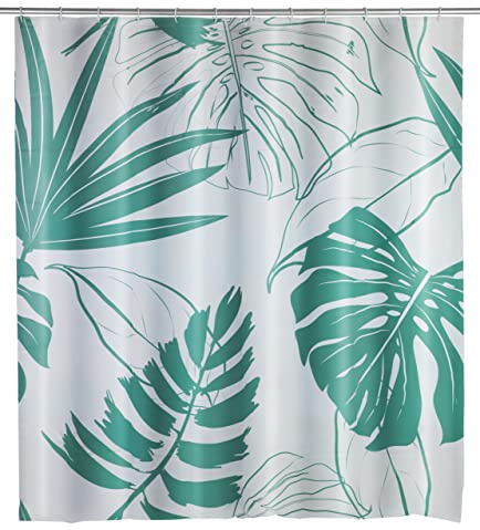 WENKO Duschvorhang Brasil Grün, wasserdicht, pflegeleichter Duschvorhang für Dusche und Badewanne mit 12 Duschvorhangringen, gefertigt aus umweltfreundlichem, recycelbarem PEVA, 180 x 200 cm