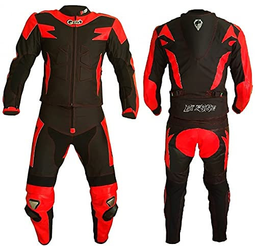 BI ESSE Tuta da MOTO per adulto in pelle e tessuto, divisibile in 2 pezzi giacca e pantalone, regolabile, completa di protezioni CE (Nero/Rosso, 4XL)