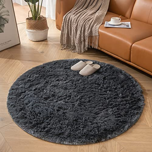 CHOSHOME Teppich Rund 120CM Wohnzimmer Hochflor Waschbar Teppich Shaggy Grau Runden Teppiche Einfarbig Runder Flauschig Teppiche Weich rutschfest fürs Flur Schlafzimmer Kinderzimmer