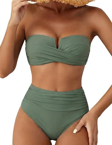 Hilor Women's Push Up Bikini Swimsuits Sexy Halter Bandeau Swimwear Two Piece Front Twist Bathing Suits Army Green 8