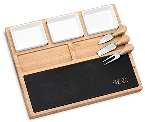 Maverton Plateau à Fromage et charcuterie personnalisé - Planche à Fromage en Bambou avec Accessoires - Plateau apéritif avec Gravure pour Lui - pour Anniversaire Homme - Initiales