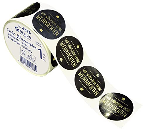 AVERY Zweckform 600 Aufkleber Frohe Weihnachten (Made in Germany, Ø38 mm, schwarze Geschenkaufkleber goldene Schrift, selbstklebende Geschenkdeko, Karten, Tüten, Gutscheine) Sticker auf Rolle, 4376