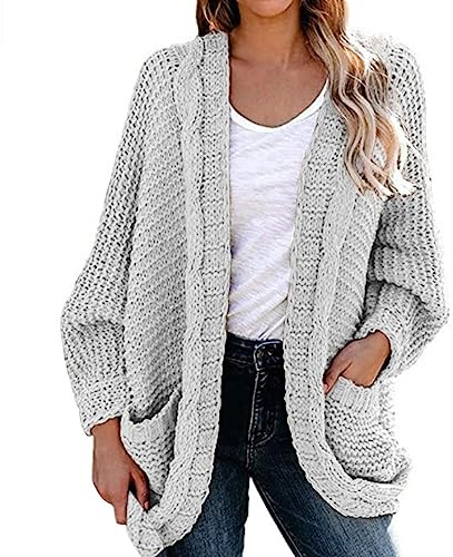 Cárdigan de punto para mujer, elegante cárdigan con bolsillos para mujer, otoño e invierno, manga larga, cárdigan ligero, color liso, cálido, abrigo de punto grueso