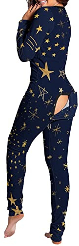 Pyjama long en coton - Combinaison une pièce pour femme - Combinaison douillette - Avec rabat au niveau des fesses - Manches longues - Bodycon - Grenouillère - Vêtement de nuit - Combinaison une pièce