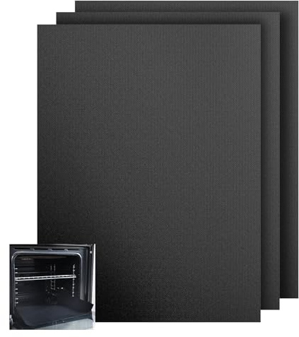 KitchenRaku Oven Liners for Bottom of Oven, Dark Black, 32x50cm, 3 PCS | Non-Stick, Heavy-Duty, 0.2mm Thick, Up to 260°C, Oven Protector Sheet for Fan Assisted Ovens, BBQ Grill, Reusable, Easy Clean