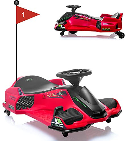 24V Voiture ÉLectrique pour Enfants - Kart à DéRive ÉLectrique avec Vitesse Variable, 5 Roues, Musique IntéGrée, LumièRes LED Avant Et ArrièRe, Alarme De Faible Batterie -Rouge