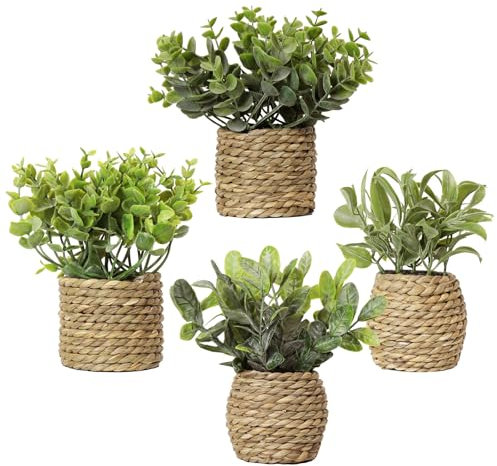 Small Fake Potted Plants: 7 Inches Artificial Plants with Seagrass Handwoven Planters, Indoor Farmhouse Spring Decorations, Eucalyptus Plant for Home Bathroom Office Shelf Tabletop Desk Room Decor