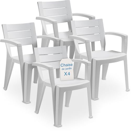 Tomaino - Set 4 Sedie Da Giardino In Plastica Maya - Sedie Plastica Impilabili Con Braccioli e Schienale a Doghe - Sedia Giardino Per Esterno, Terrazzo o Bar - Bianco