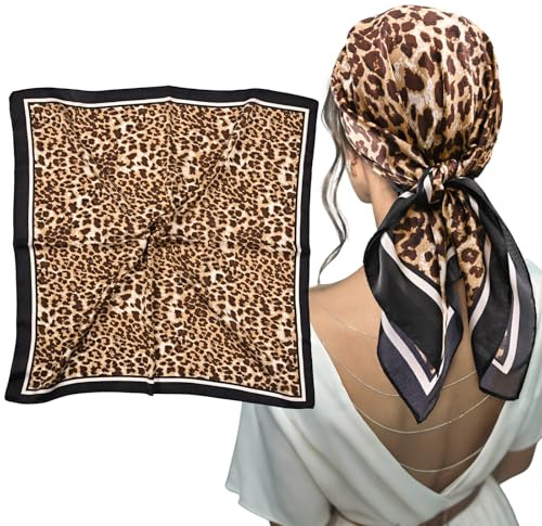 mtuihfo Square Scarf, Neck Scarf for Women Satin Head Leopard Print Stylish Spring Head Scarf for Beach Travel Vacation Sports Gifts (70X70 CM)
