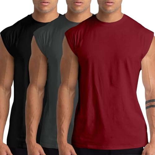 3 Pack Men's Gym Tank Tops Workout Sleeveless T-Shirts Athletic Muscle Tank Training Bodybuilding Tee Shirts Black/DarkGrey/Red-14-L