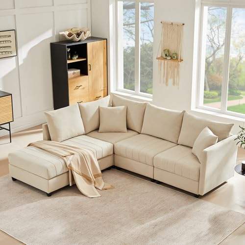 Divano Letto Angolare 5 Posti, Divano Modulare Forma di L con Poggiapiedi Trasformabile e Cuscini, Doppi Sedili Reclinabili, Poltrona Lounge per Soggiorno Appartamento -194 (L) x 220 (P) x 85CM(A)