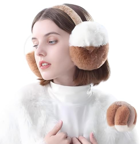 AIRCADIA Ohrenwärmer Damen Winter Braun Weiß Hasenfell Imitat Ohrenschützer für Erwachsene Frauen Outdoor Aktivitäten Faltbar und Weich Pendeln, Spaziergang