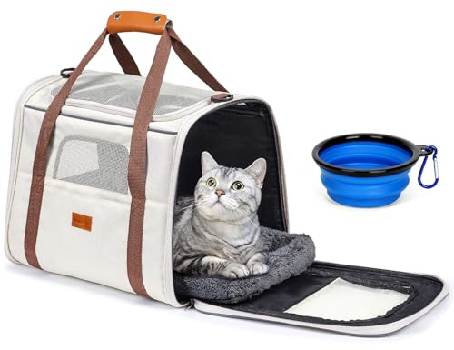 Morpilot Cat Carrier - Airline Approved, Top Opening Portable Dog Bag with Breathable Mesh/Removable Mat, Adjustable Shoulder Strap & Bowl, Foldable Travel Cage, M, Beige (Max 7kg)