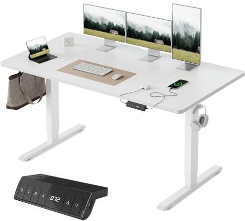 FEZIBO Höhenverstellbarer Schreibtisch mit USB-A und USB-C-Ladeanschlüssen, 160 x 80 cm Schreibtisch Höhenverstellbar Elektrisch, Ergonomischer Steh-Sitz Tisch für Heimbüro, Standing Desk, Weiß