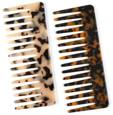 Peine Desenredante de Acetato de Celulosa – Pack 2 Peines de Púas Anchas para Cabello Rizado, Ondulado o Grueso, Peine Antiestático para Cabello Seco y Mojado.