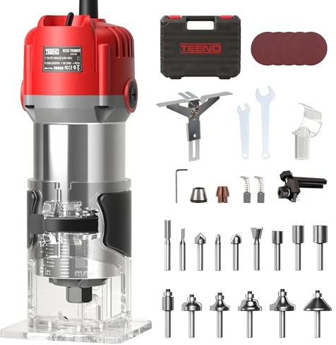 TEENO Wood Router Tool, 6.5 Amp 1.25 HP Wood Routers for Woodworking, Aluminum 1/4 Compact Router with 15-Piece Tungsten Carbide Router Bits, 6 Variable Speeds, Edge & Roller Guides, Dust Hood, Case